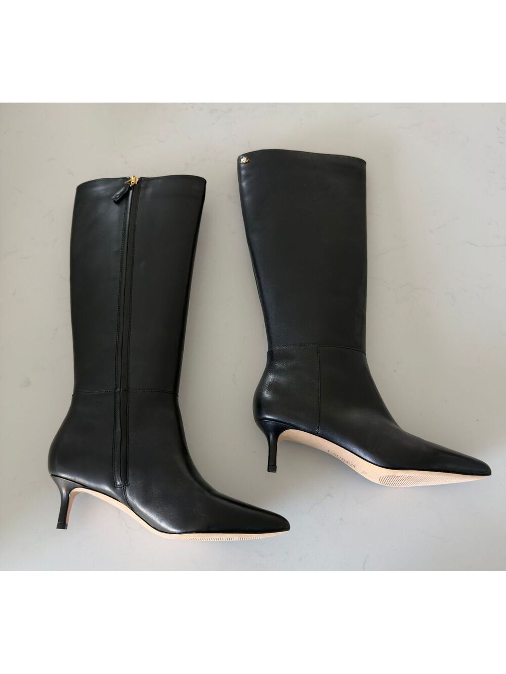 Ralph Lauren Francesca Black Calfskin Tall Boot Heel Women Size 8.5